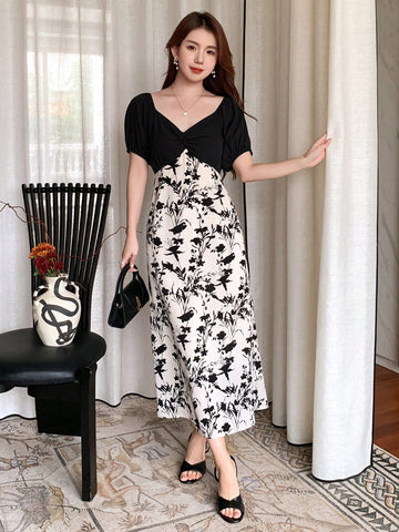DAZY Color-Block Floral And Diamond Collar Self-Tie Bubble Sleeves Short Sleeve Waist-Emphasizing Long Dress For Women