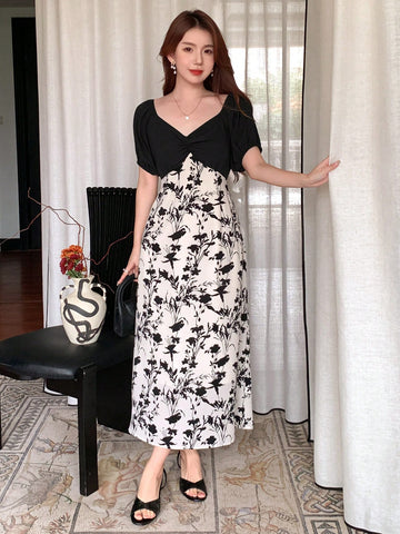 DAZY Color-Block Floral And Diamond Collar Self-Tie Bubble Sleeves Short Sleeve Waist-Emphasizing Long Dress For Women