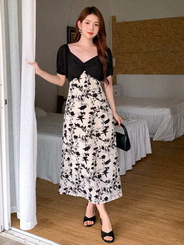 DAZY Color-Block Floral And Diamond Collar Self-Tie Bubble Sleeves Short Sleeve Waist-Emphasizing Long Dress For Women