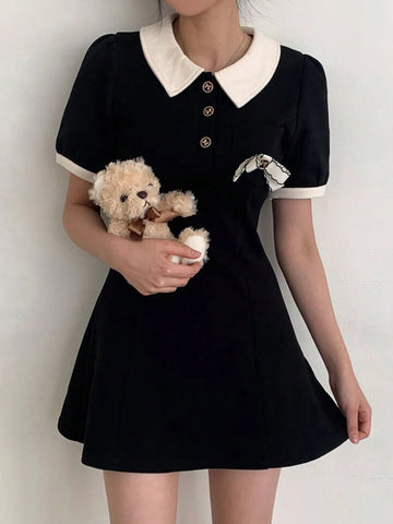 DAZY Color Block Bowknot Collar Mini Dress For Women