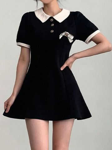 DAZY Color Block Bowknot Collar Mini Dress For Women