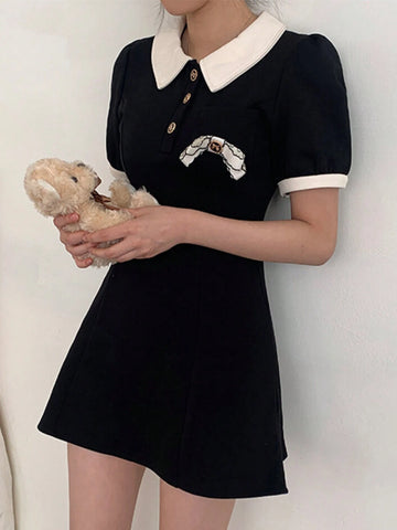 DAZY Color Block Bowknot Collar Mini Dress For Women