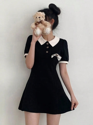 DAZY Color Block Bowknot Collar Mini Dress For Women