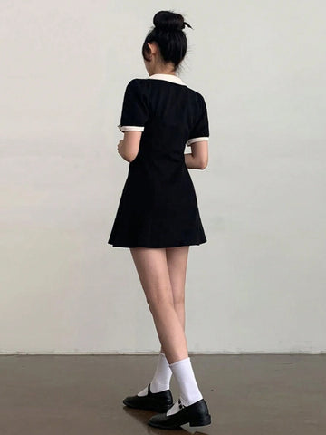 DAZY Color Block Bowknot Collar Mini Dress For Women
