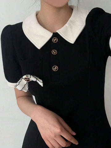 DAZY Color Block Bowknot Collar Mini Dress For Women