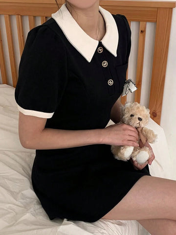 DAZY Color Block Bowknot Collar Mini Dress For Women