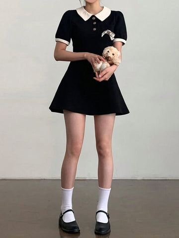 DAZY Color Block Bowknot Collar Mini Dress For Women