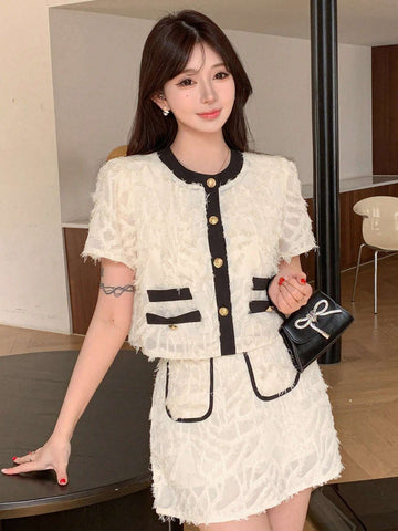 DAZY Color Block Short Sleeve Top With Button Front And Skirt With Rolled Hem