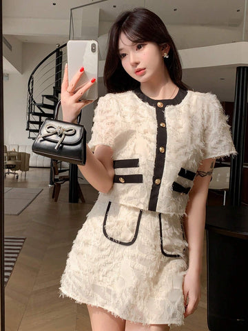 DAZY Color Block Short Sleeve Top With Button Front And Skirt With Rolled Hem