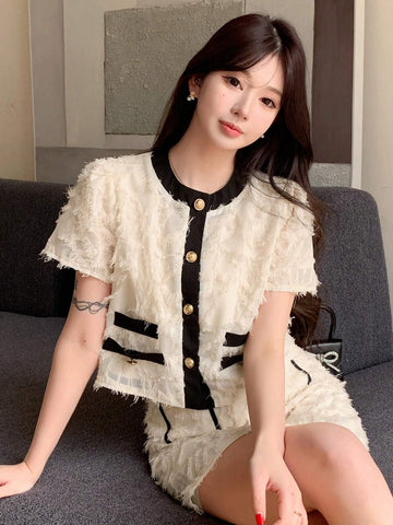 DAZY Color Block Short Sleeve Top With Button Front And Skirt With Rolled Hem