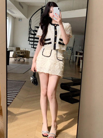 DAZY Color Block Short Sleeve Top With Button Front And Skirt With Rolled Hem