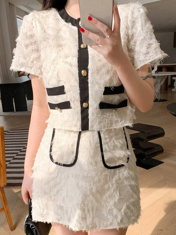 DAZY Color Block Short Sleeve Top With Button Front And Skirt With Rolled Hem