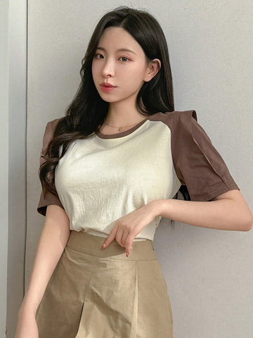DAZY Colorblock Puff Sleeve Tee For Women