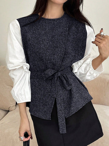 DAZY Colorblock Round Neck Belt Decorated Women Blouse