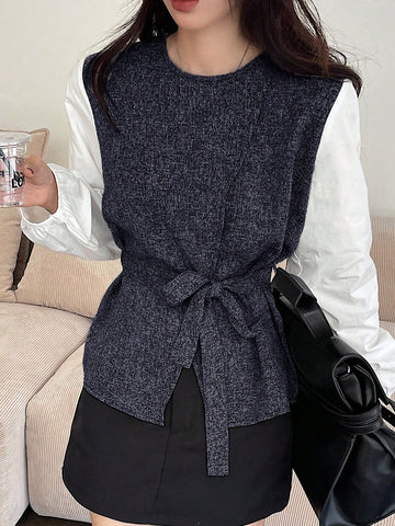 DAZY Colorblock Round Neck Belt Decorated Women Blouse