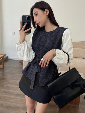 DAZY Colorblock Round Neck Belt Decorated Women Blouse