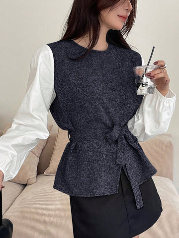 DAZY Colorblock Round Neck Belt Decorated Women Blouse