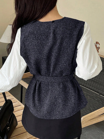 DAZY Colorblock Round Neck Belt Decorated Women Blouse