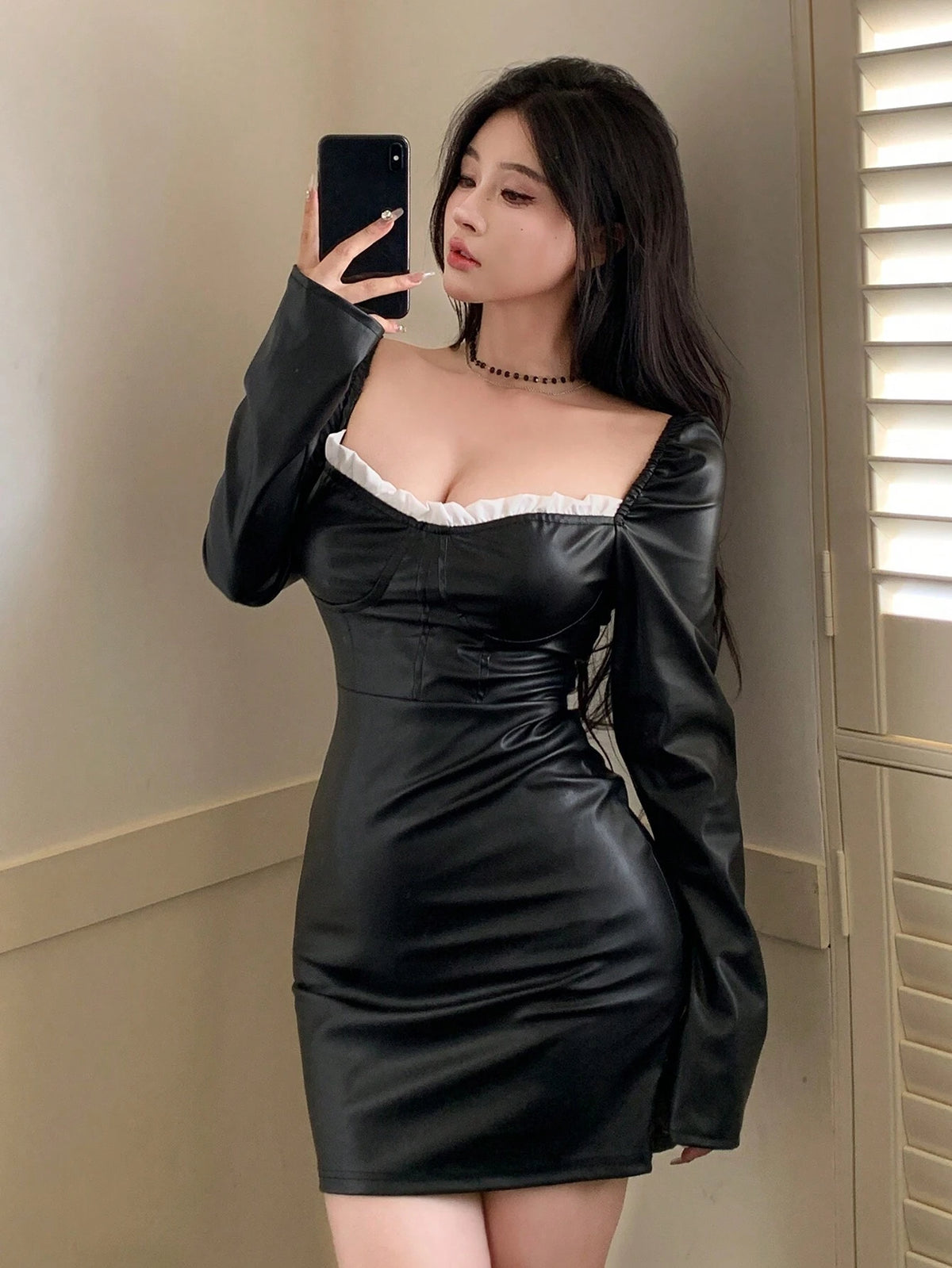 DAZY Colorblock Spliced Slim Fit Seam Detail PU Leather Mini Dress