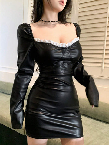 DAZY Colorblock Spliced Slim Fit Seam Detail PU Leather Mini Dress
