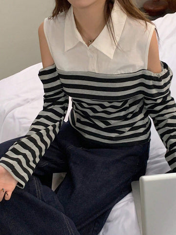 DAZY Colorblock Striped Open Shoulder Turn-Down Collar Long Sleeve Fitted Blouse For Women