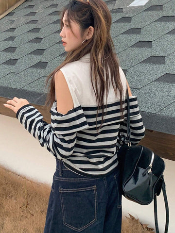 DAZY Colorblock Striped Open Shoulder Turn-Down Collar Long Sleeve Fitted Blouse For Women
