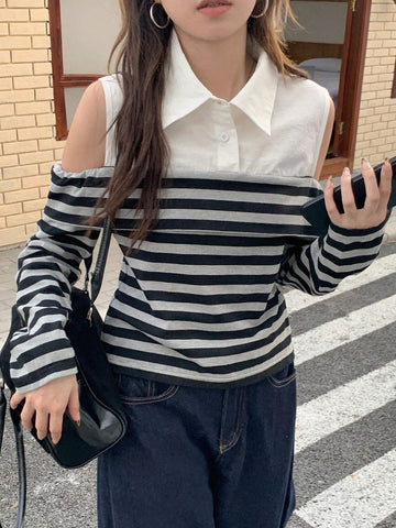DAZY Colorblock Striped Open Shoulder Turn-Down Collar Long Sleeve Fitted Blouse For Women