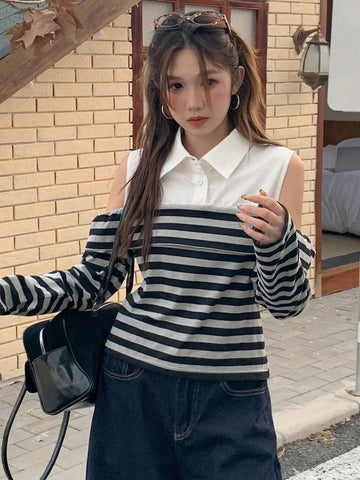 DAZY Colorblock Striped Open Shoulder Turn-Down Collar Long Sleeve Fitted Blouse For Women
