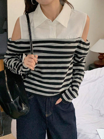 DAZY Colorblock Striped Open Shoulder Turn-Down Collar Long Sleeve Fitted Blouse For Women