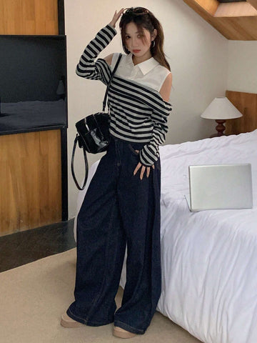 DAZY Colorblock Striped Open Shoulder Turn-Down Collar Long Sleeve Fitted Blouse For Women