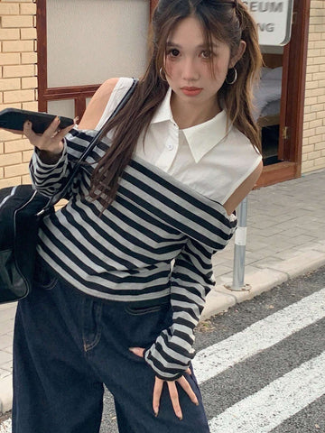 DAZY Colorblock Striped Open Shoulder Turn-Down Collar Long Sleeve Fitted Blouse For Women