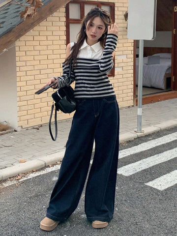 DAZY Colorblock Striped Open Shoulder Turn-Down Collar Long Sleeve Fitted Blouse For Women