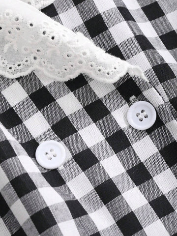 DAZY Contrast Lace Short Sleeve Button-Down Women's Shirt