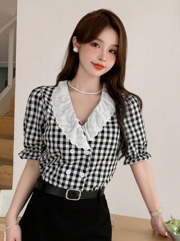 DAZY Contrast Lace Short Sleeve Button-Down Women's Shirt