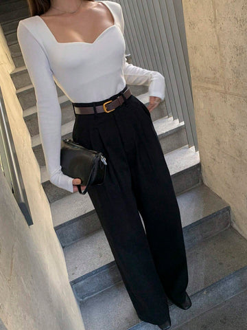 DAZY Diamond-embellished Collar Long Sleeve Women's T-shirt