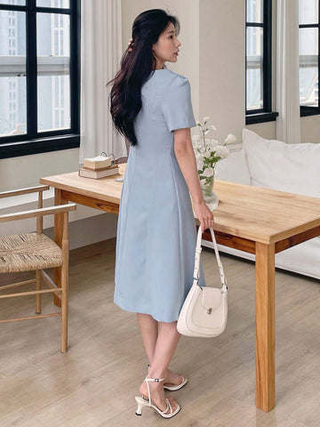 DAZY Double Breasted Fold Pleated Detail Shirt Dress