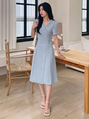 DAZY Double Breasted Fold Pleated Detail Shirt Dress
