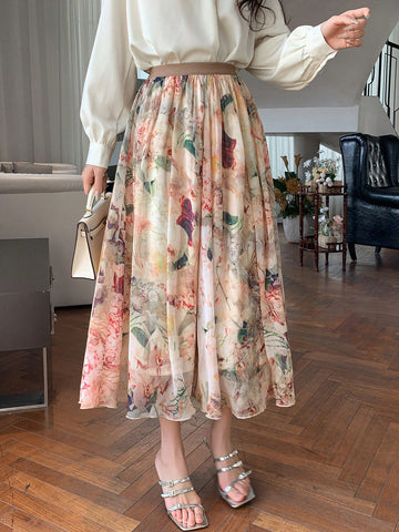 DAZY Elastic Waist Flower Pattern Printed Flared Skirt