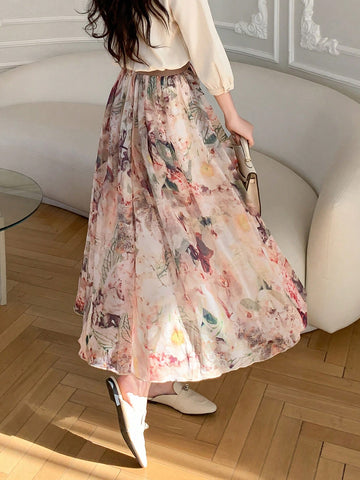 DAZY Elastic Waist Flower Pattern Printed Flared Skirt