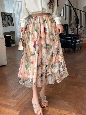 DAZY Elastic Waist Flower Pattern Printed Flared Skirt