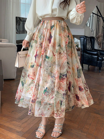 DAZY Elastic Waist Flower Pattern Printed Flared Skirt