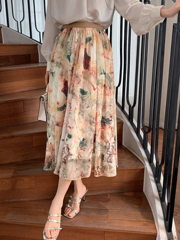 DAZY Elastic Waist Flower Pattern Printed Flared Skirt