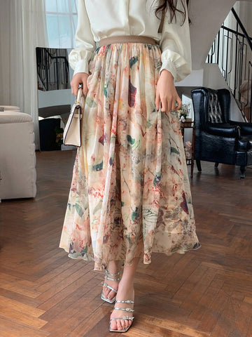 DAZY Elastic Waist Flower Pattern Printed Flared Skirt