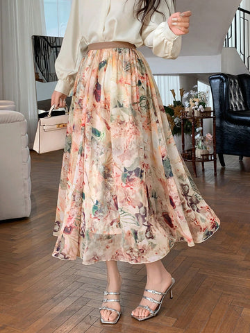 DAZY Elastic Waist Flower Pattern Printed Flared Skirt