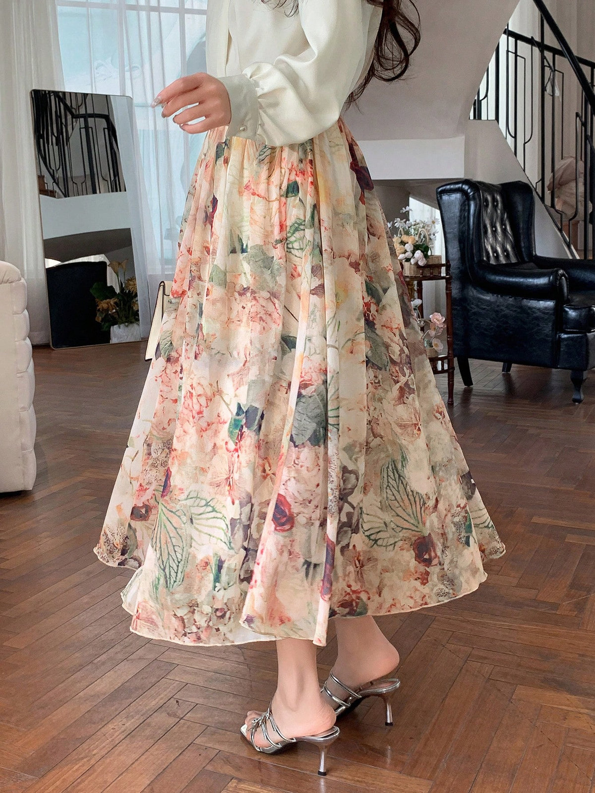 DAZY Elastic Waist Flower Pattern Printed Flared Skirt