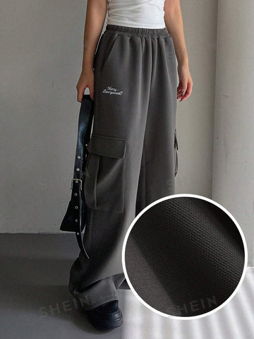 DAZY Elastic Waistband Letter Print Joggers With Pockets