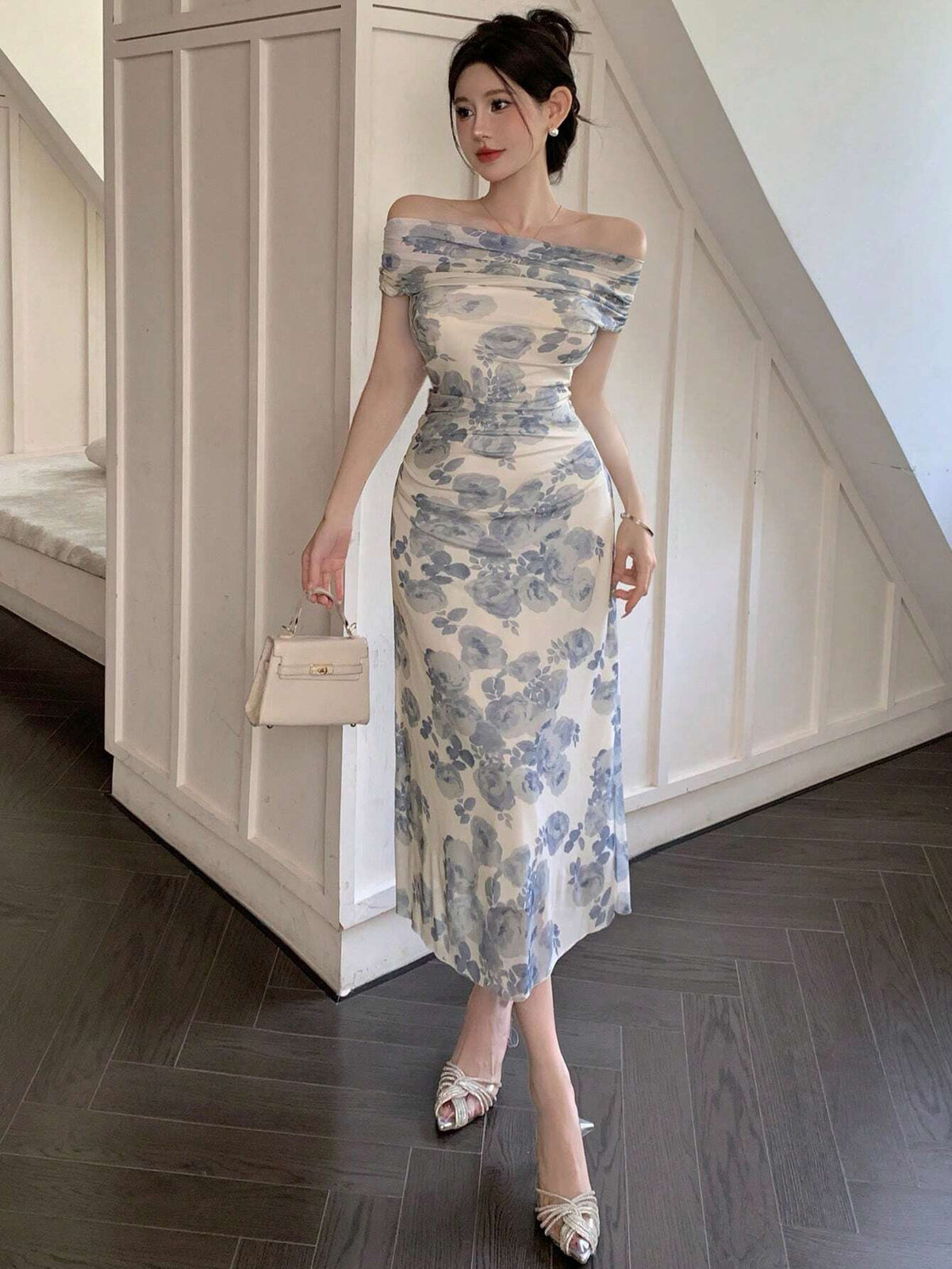 DAZY Elegant Floral Allover Print Off Shoulder Waist-Cinched Dress, Summer