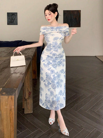 DAZY Elegant Floral Allover Print Off Shoulder Waist-Cinched Dress, Summer