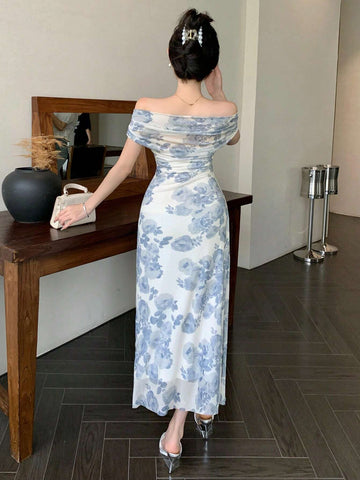 DAZY Elegant Floral Allover Print Off Shoulder Waist-Cinched Dress, Summer