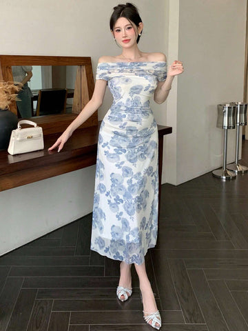 DAZY Elegant Floral Allover Print Off Shoulder Waist-Cinched Dress, Summer